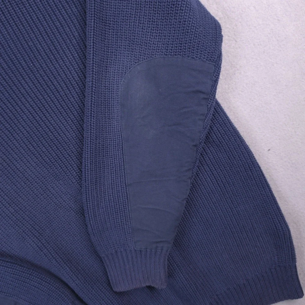 LL Bean XXL Tall Blue Cotton Shawl Neck Pullover Sweater Rib Knit Elbow Patches